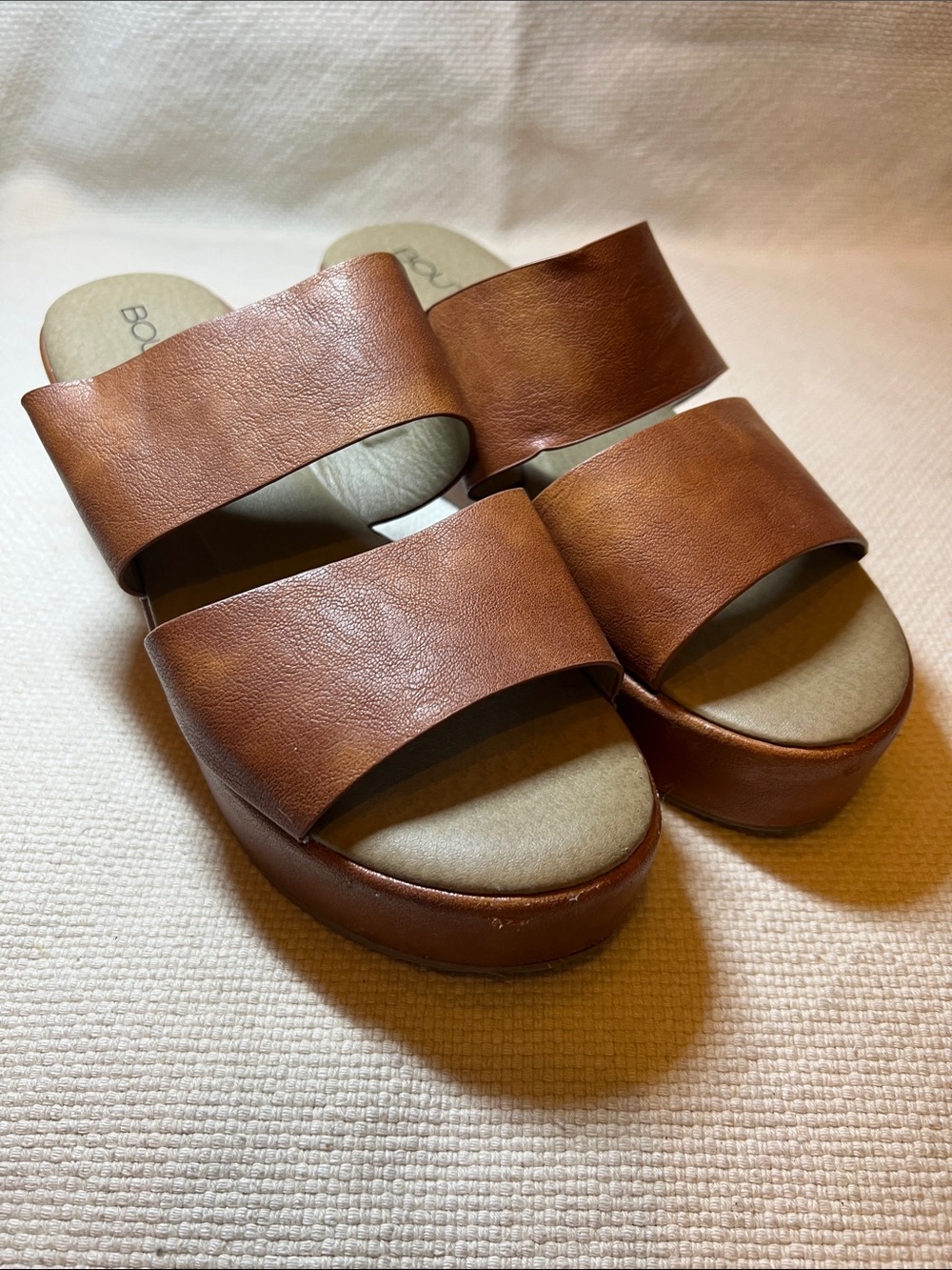 Women's Tan Double-Band Platform Slide Sandals